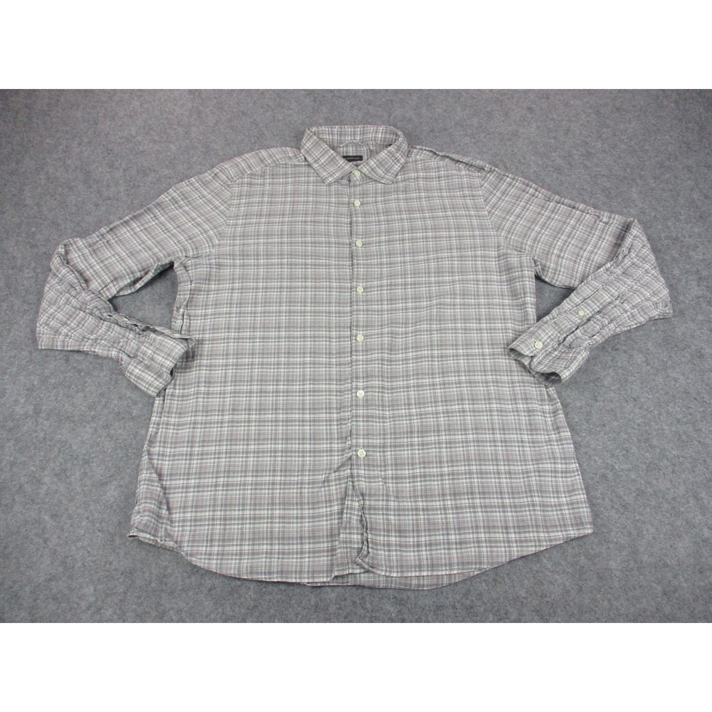 Ermenegildo Zegna Shirt Men 2XL XXL Gray Plaid Button Up Linen Blend Long Sleeve